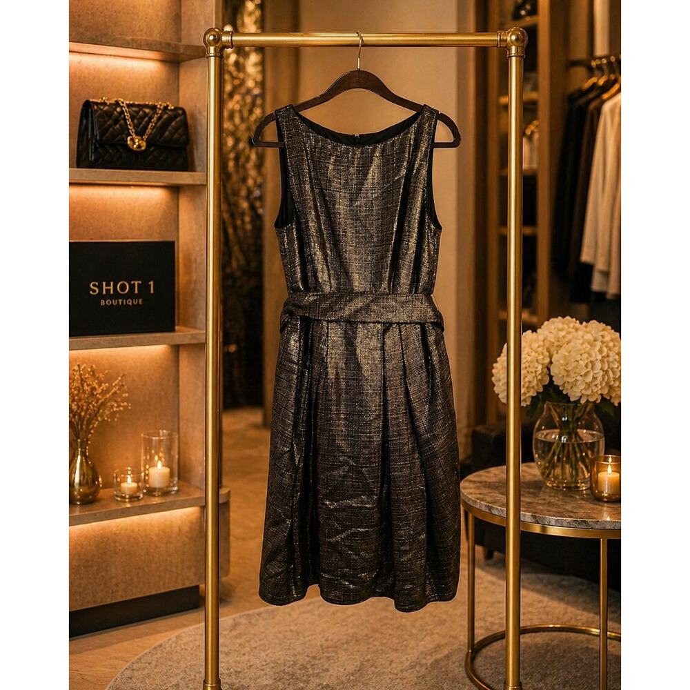 Per Se Metallic Bronze Dress Sleeveless Pleated Fit Flare Pockets Sz 8 Luxe Chic